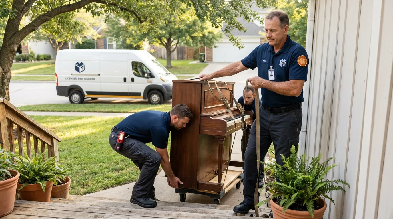 Licensed piano movers securing grand piano in Marina del Rey, CA