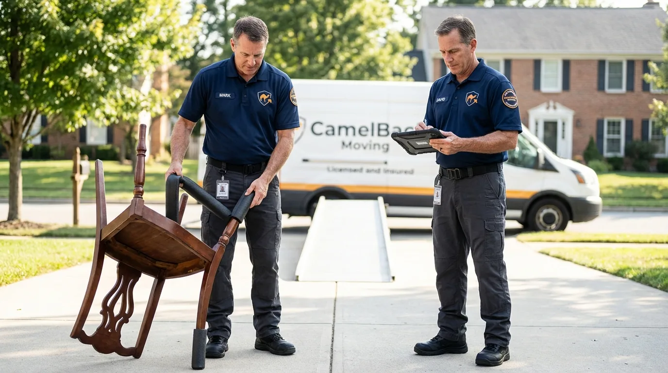Movers inspecting furniture for damage prevention before loading in Marina del Rey, CA