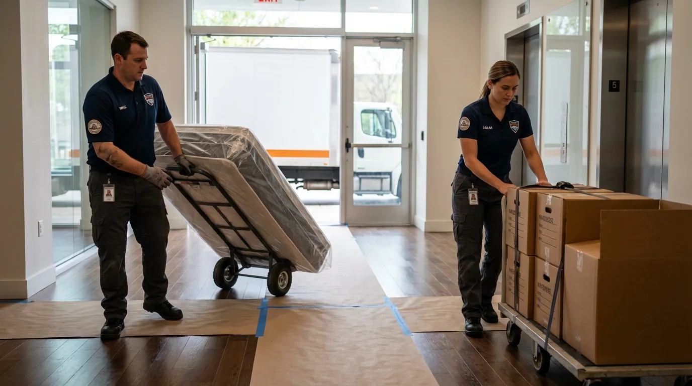 Professional apartment movers loading elevator in Marina del Rey, CA