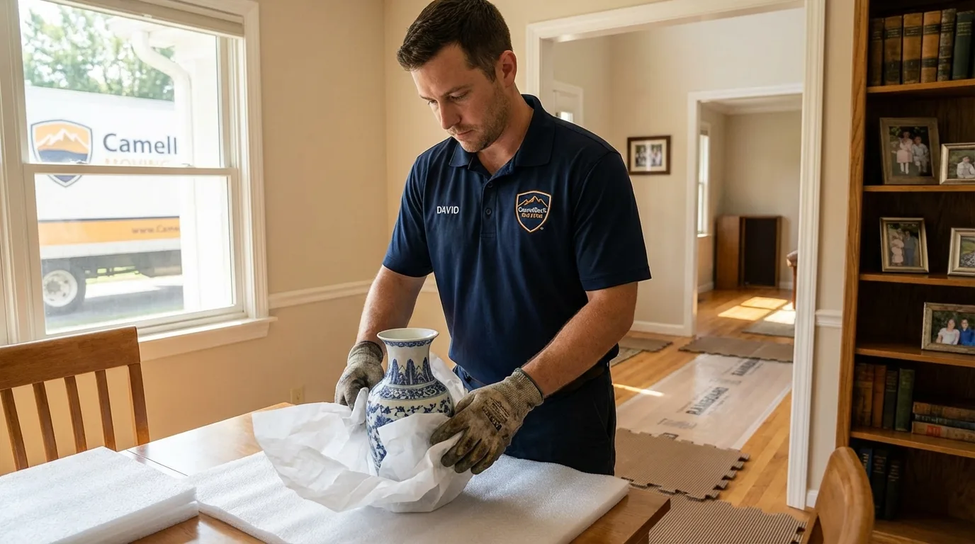 Professional crew carefully wrapping antique vase for senior downsizing move in Marina del Rey, CA